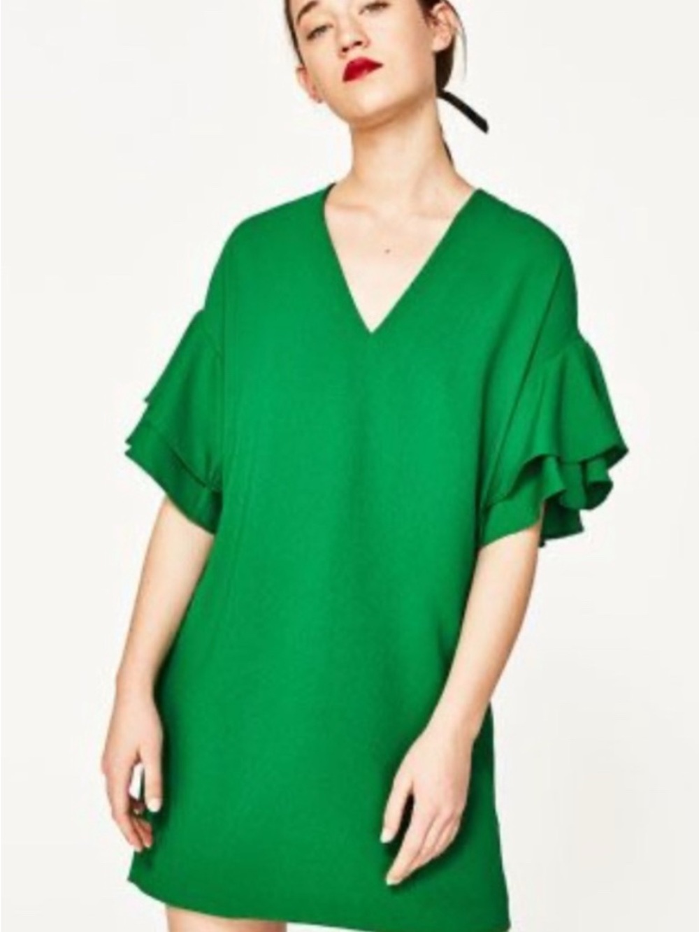 Zara Emerald Green V-Neck Ruffle Sleeve Tunic